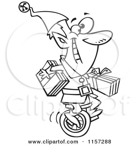 Cartoon Clipart Of A Black And White Christmas Elf Carrying Gifts on a Unicycle - Vector Outlined Coloring Page by toonaday