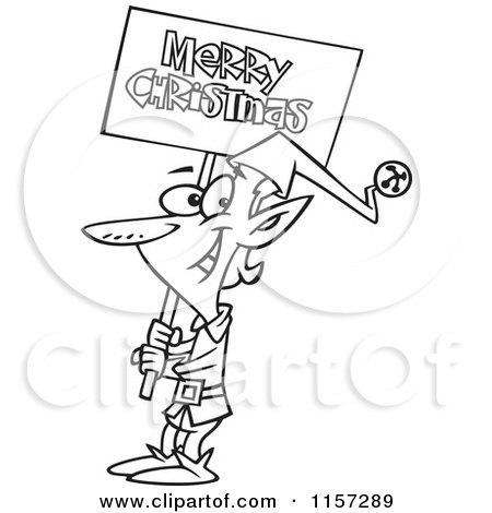 Cartoon Clipart Of A Black And White Elf Carrying a Merry Christmas Sign - Vector Outlined Coloring Page by toonaday