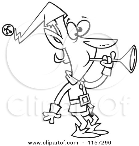 Cartoon Clipart Of A Black And White Christmas Elf Blowing a Horn - Vector Outlined Coloring Page by toonaday
