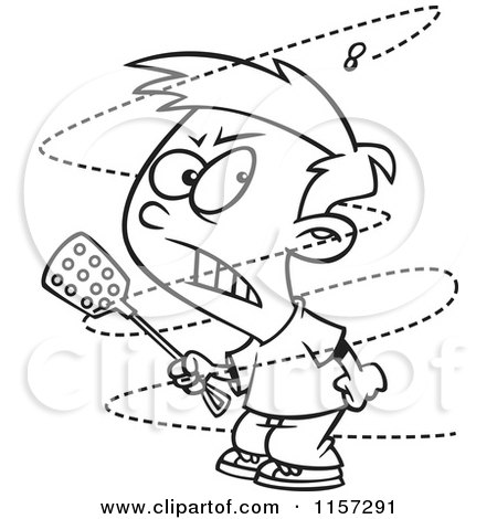 Cartoon Clipart Of A Black And White Trying to Swat a Pesty Fly - Vector Outlined Coloring Page by toonaday