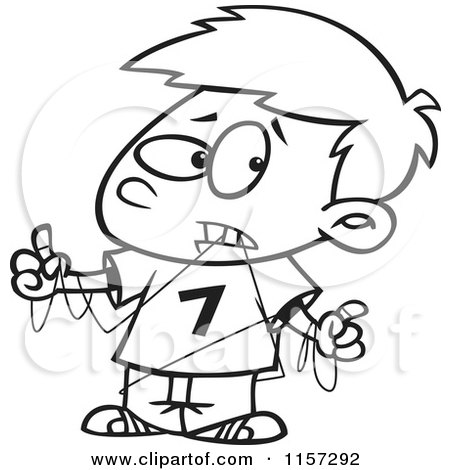 Cartoon Clipart Of A Black And White Boy Tangled in Dental Floss - Vector Outlined Coloring Page by toonaday
