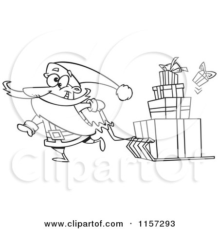 Cartoon of Santa Pulling Christmas Gifts on a Sled - Vector Outlined Coloring Page by toonaday