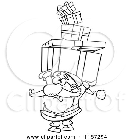 Cartoon of Santa Holding a Stack of Christmas Gifts over His Head - Vector Outlined Coloring Page by toonaday