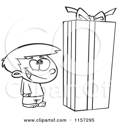 Cartoon Clipart Of A Black And White Boy Standing by a Large Christmas Gift Box - Vector Outlined Coloring Page by toonaday