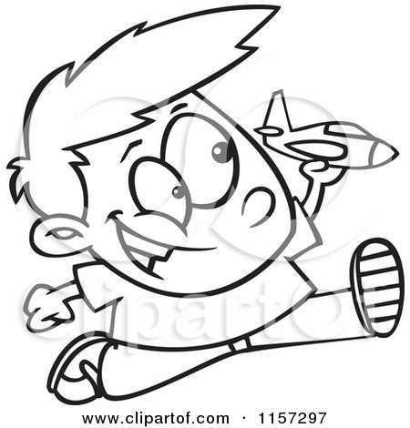 Cartoon Clipart Of A Black And White Boy Running and Playing with a Toy Jet - Vector Outlined Coloring Page by toonaday