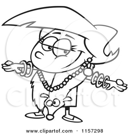 Cartoon Clipart Of A Black And White Fancy Girl Decked out in Furs and Jewelery - Vector Outlined Coloring Page by toonaday
