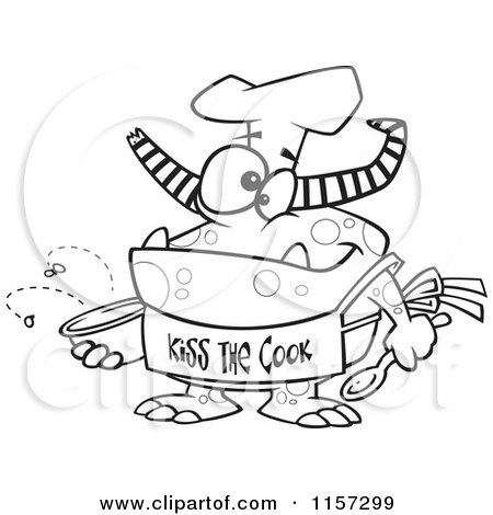 Cartoon Clipart Of A Black And White Chef Monster Wearing a Kiss the Cook Apron - Vector Outlined Coloring Page by toonaday