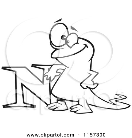 Cartoon Clipart Of A Black And White Happy Newt Leaning on the Letter N - Vector Outlined Coloring Page by toonaday