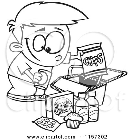 Cartoon Clipart Of A Black And White Boy Packing Junk Food into a Picnic Basket - Vector Outlined Coloring Page by toonaday