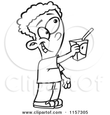 Cartoon Clipart Of A Black And White Boy Offering to Share a Juice Box - Vector Outlined Coloring Page by toonaday
