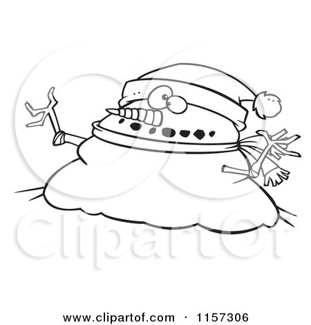 Cartoon Clipart Of A Black And White Chubby Christmas Snowman Wearing a Santa Hat - Vector Outlined Coloring Page by toonaday