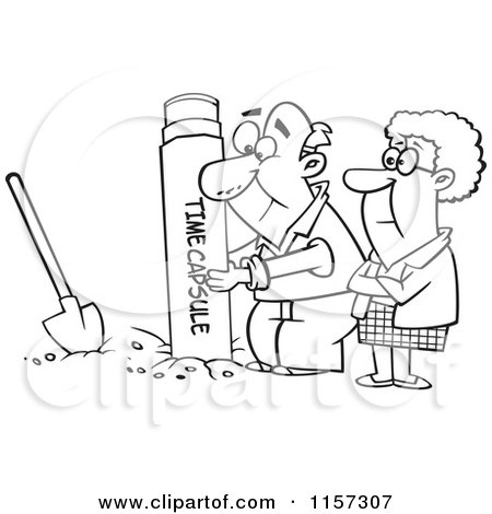 Cartoon Clipart Of A Black And White Senior Couple Pulling out or Burying a Time Capsule - Vector Outlined Coloring Page by toonaday