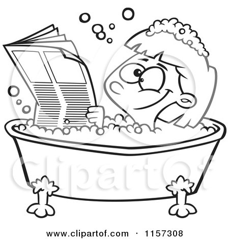 Cartoon Clipart Of A Black And White Happy Girl Reading the Newspaper in a Bath Tub - Vector Outlined Coloring Page by toonaday