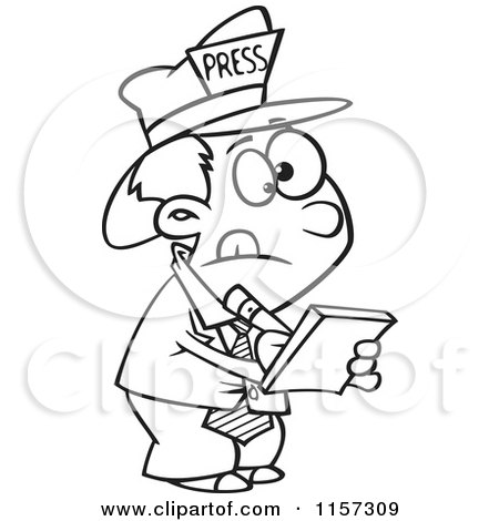 Cartoon Clipart Of A Black And White Reporter Boy Taking Notes - Vector Outlined Coloring Page by toonaday