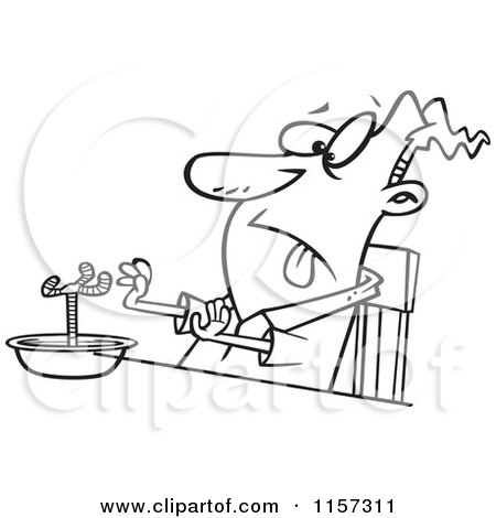 Cartoon Clipart Of A Black And White Disgusted Man with a Chicken Leg in a Soup Bowl - Vector Outlined Coloring Page by toonaday