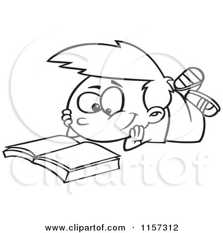Cartoon Clipart Of A Black And White Boy Reading a Catalog - Vector Outlined Coloring Page by toonaday