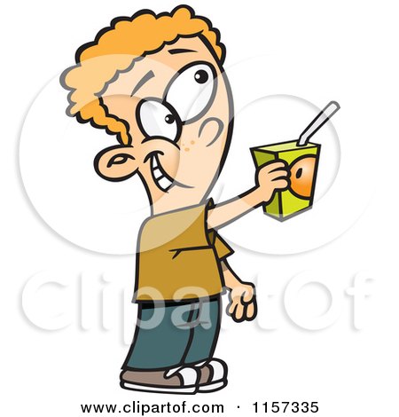 Cartoon of a Boy Offering to Share a Juice Box - Royalty Free Vector Clipart by toonaday