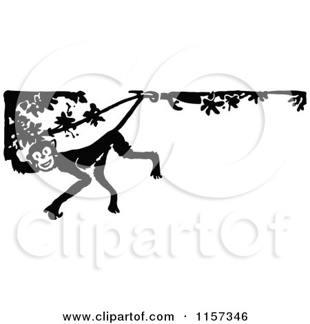 Clipart of a Retro Vintage Black and White Monkey in a Tree Border - Royalty Free Vector Illustration by Prawny Vintage