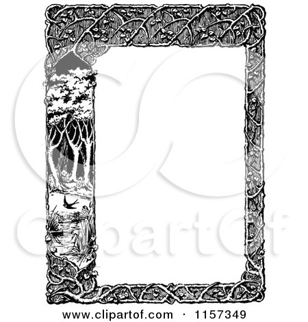 Clipart of a Retro Vintage Black and White Woodland Trellis and Tree Border - Royalty Free Vector Illustration by Prawny Vintage