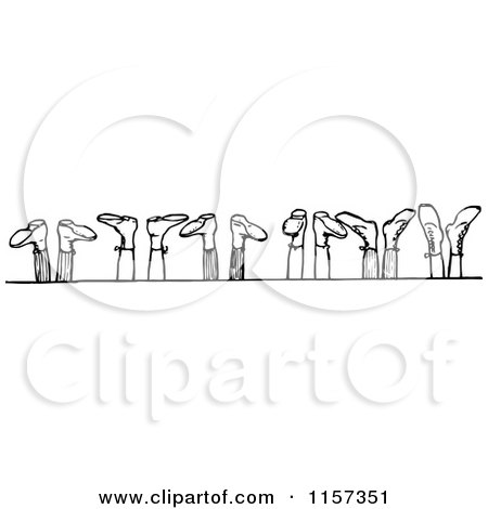 Clipart of a Retro Vintage Black and White Row of Feet in the Air - Royalty Free Vector Illustration by Prawny Vintage