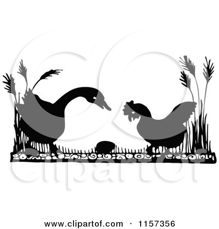 Clipart of a Silhouetted Goose and Chicken Looking at an Egg - Royalty Free Vector Illustration by Prawny Vintage