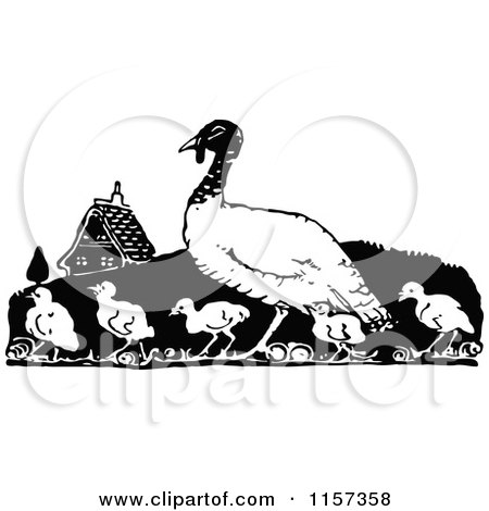 Clipart of a Retro Vintage Black and White Turkey Bird and Chicks - Royalty Free Vector Illustration by Prawny Vintage