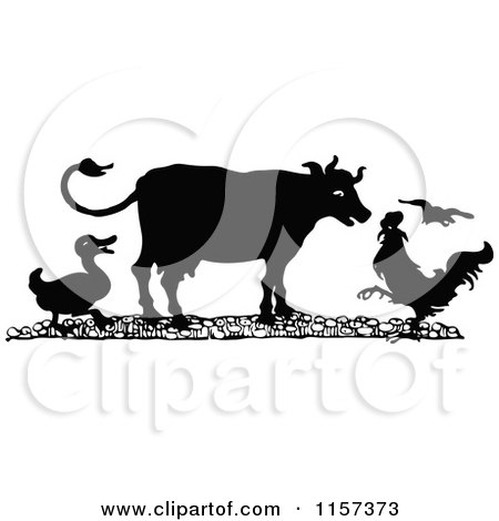 Clipart of a Silhouetted Duck Cow and Rooster - Royalty Free Vector Illustration by Prawny Vintage