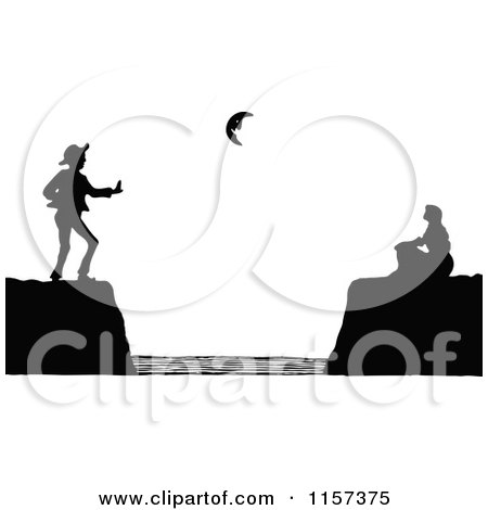 Clipart of a Silhouetted Couple Divided on Coastal Cliffs - Royalty Free Vector Illustration by Prawny Vintage