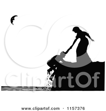 Clipart of a Silhouetted Woman Helping a Man on a Coastal Cliff - Royalty Free Vector Illustration by Prawny Vintage