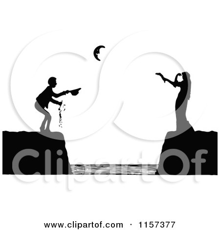 Clipart of a Silhouetted Couple on Coastal Cliffs - Royalty Free Vector Illustration by Prawny Vintage