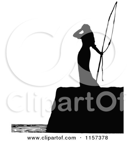 Clipart of a Silhouetted Woman on a Coastal Cliff - Royalty Free Vector Illustration by Prawny Vintage