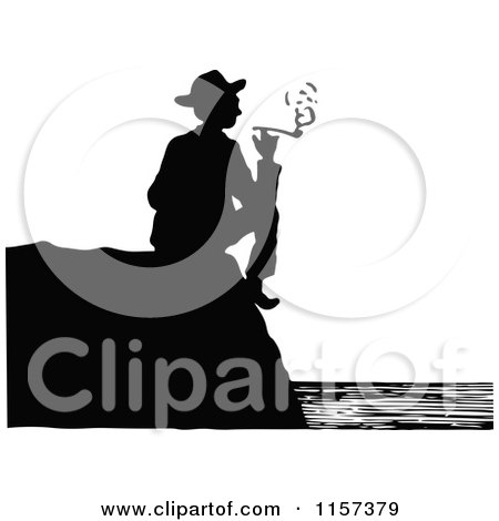 Clipart of a Silhouetted Couple Man Smoking on a Coastal Cliff - Royalty Free Vector Illustration by Prawny Vintage