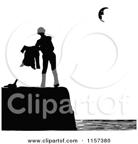 Clipart of a Silhouetted Couple Man on a Coastal Cliff - Royalty Free Vector Illustration by Prawny Vintage