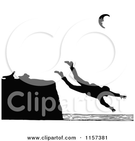 Clipart of a Silhouetted Couple Man Jumping from a Coastal Cliff - Royalty Free Vector Illustration by Prawny Vintage