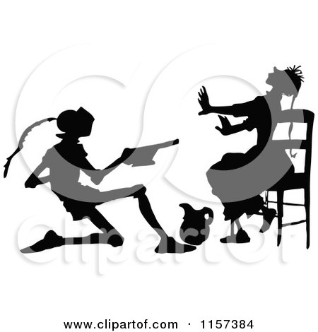 Clipart of a Silhouetted Kneeling Knight and Woman - Royalty Free Vector Illustration by Prawny Vintage