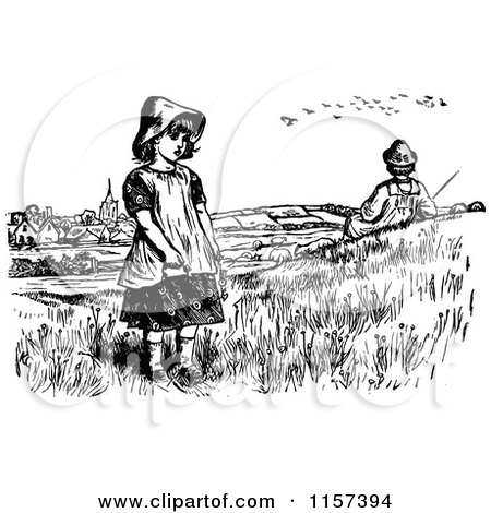 Clipart of a Retro Vintage Black and White Boy and Girl near a Village - Royalty Free Vector Illustration by Prawny Vintage