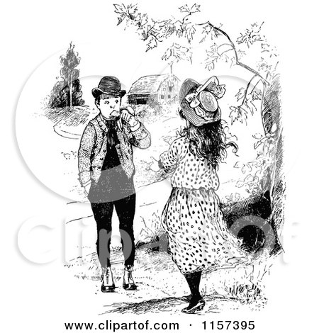 Clipart of a Retro Vintage Black and White Boy and Girl near a Barn - Royalty Free Vector Illustration by Prawny Vintage