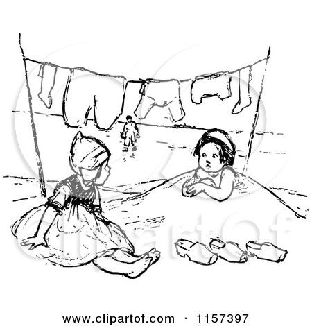 Clipart of Retro Vintage Black and White Girls Playing in Sand Under Laundry on a Line - Royalty Free Vector Illustration by Prawny Vintage