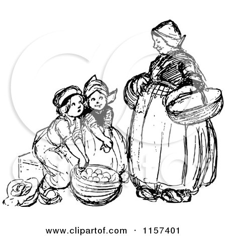 Clipart of a Retro Vintage Black and White Mother and Children with Food Baskets - Royalty Free Vector Illustration by Prawny Vintage