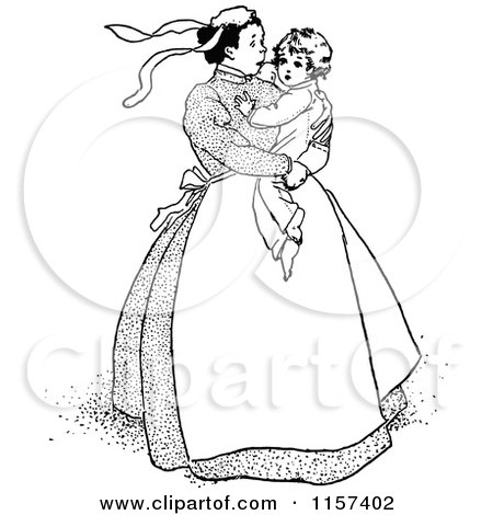 Clipart of a Retro Vintage Black and White Nanny Carrying a Sad Boy - Royalty Free Vector Illustration by Prawny Vintage