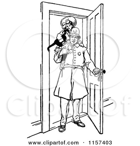 Clipart of a Retro Vintage Black and White Man Carrying a Girl and Cat - Royalty Free Vector Illustration by Prawny Vintage