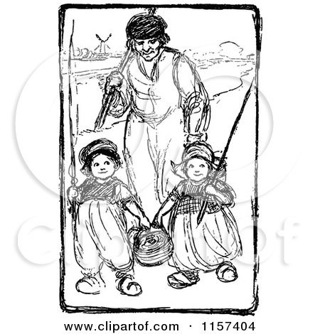 Clipart of a Retro Vintage Black and White Dutch Father and Children Going Fishing - Royalty Free Vector Illustration by Prawny Vintage