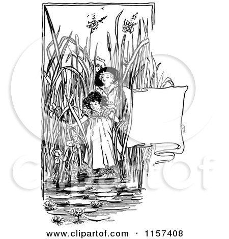 Clipart of Retro Vintage Black and White Girls in Pond Reeds with a Banner - Royalty Free Vector Illustration by Prawny Vintage