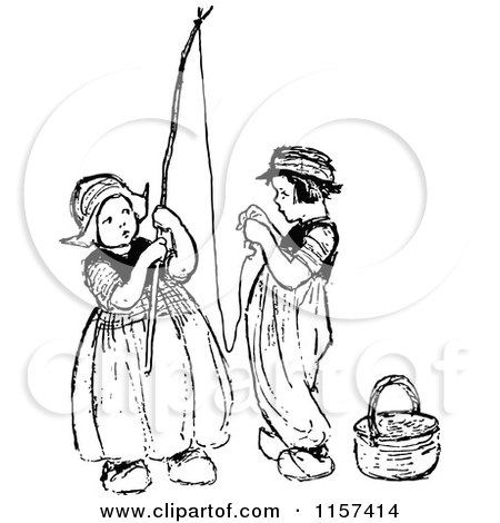 Clipart of Retro Vintage Black and White Dutch Children Stringing a Fishing Pole - Royalty Free Vector Illustration by Prawny Vintage