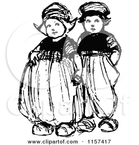 Clipart of Retro Vintage Black and White Dutch Children - Royalty Free Vector Illustration by Prawny Vintage