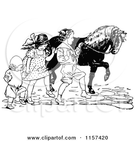 Clipart of Retro Vintage Black and White Children Walking a Pony - Royalty Free Vector Illustration by Prawny Vintage