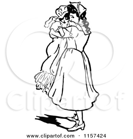 Clipart of a Retro Vintage Black and White Girl Holding a Cat in a Dress - Royalty Free Vector Illustration by Prawny Vintage