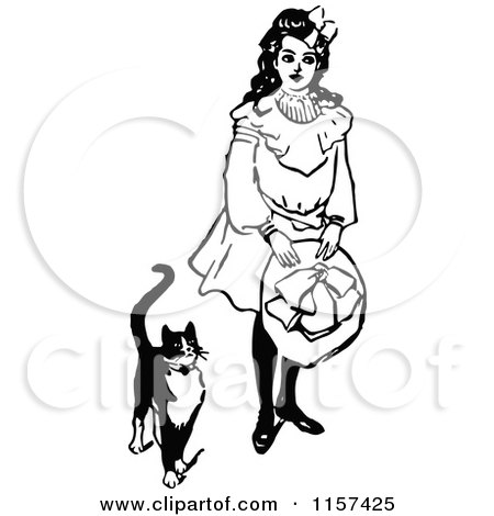 Clipart of a Retro Vintage Black and White Girl and Tuxedo Cat - Royalty Free Vector Illustration by Prawny Vintage