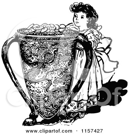Clipart of a Retro Vintage Black and White Girl and Money Pot - Royalty Free Vector Illustration by Prawny Vintage
