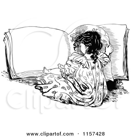 Clipart of a Retro Vintage Black and White Girl Reading a Book - Royalty Free Vector Illustration by Prawny Vintage